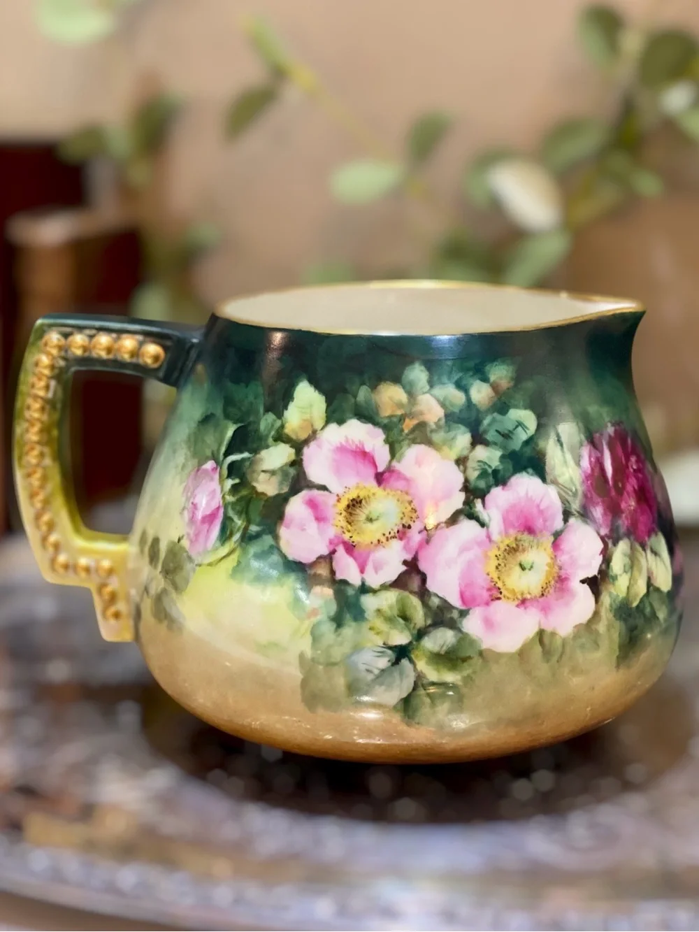 Antique Belleek CAC c1889-1906 Cider Pitcher Artist Signed Purple Mark #1 Roses